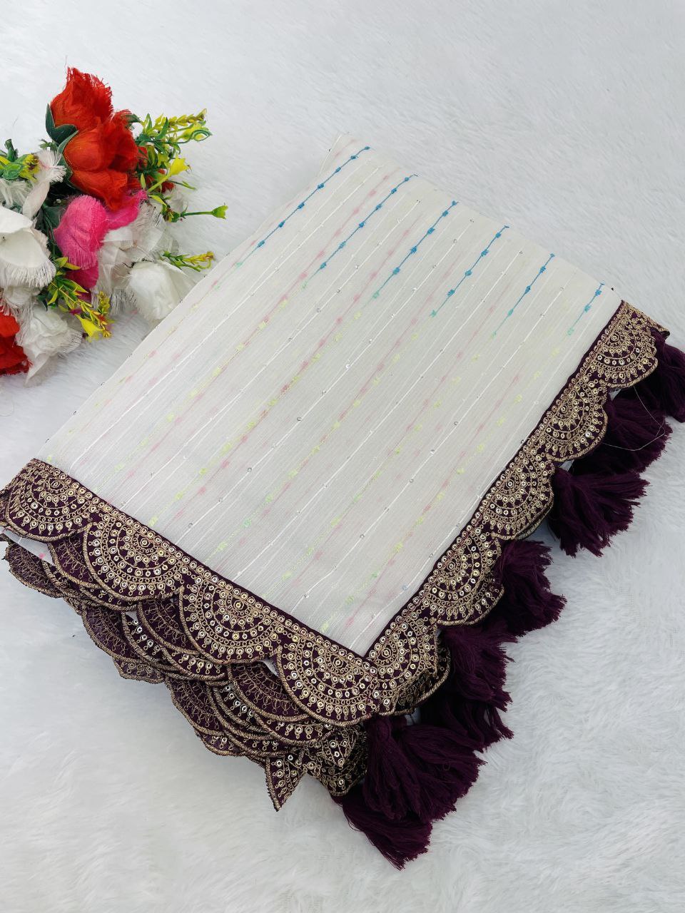 Designer Saree with Embellished Lace Border and Tassels