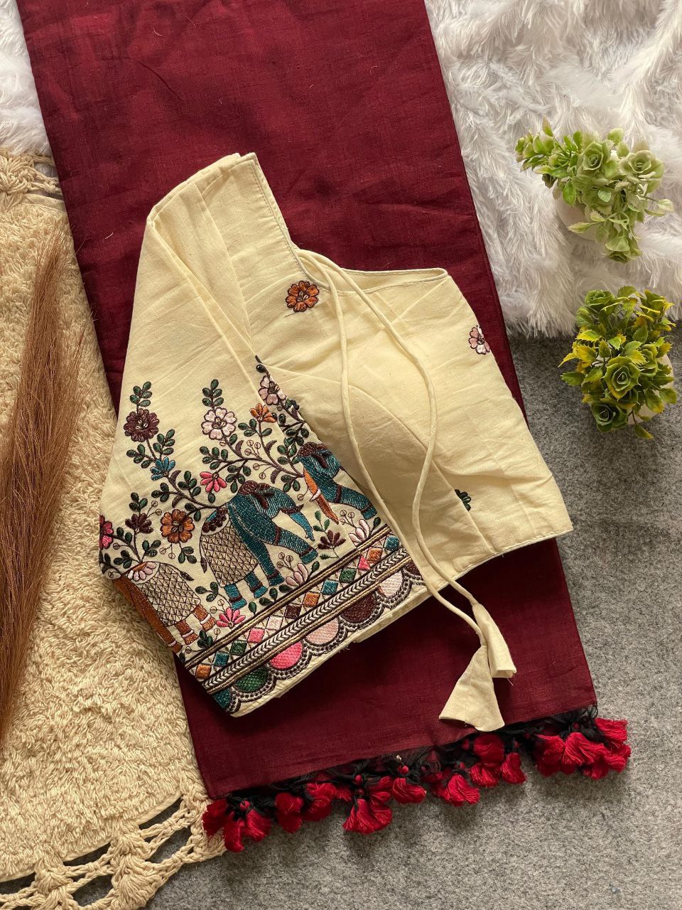Elegant Cotton Saree Set with Ready Blouse With Bird and Floral Embroidery