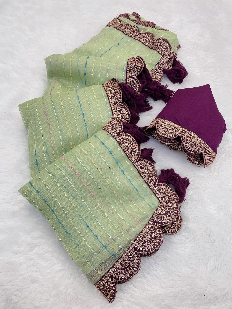 Designer Saree with Embellished Lace Border and Tassels