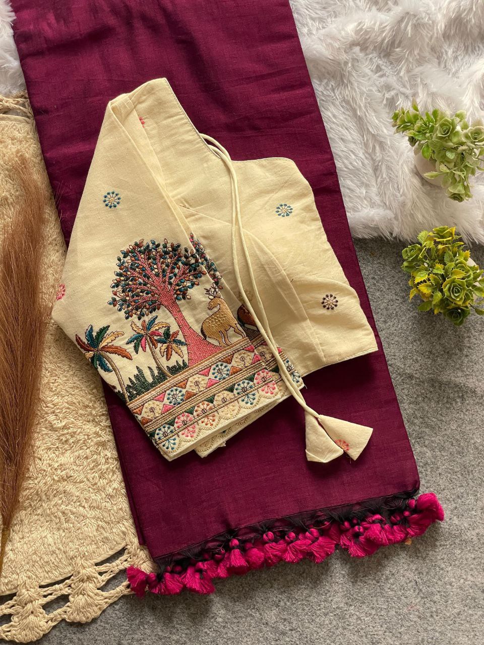 Elegant Cotton Saree Set with Ready Blouse With Bird and Floral Embroidery