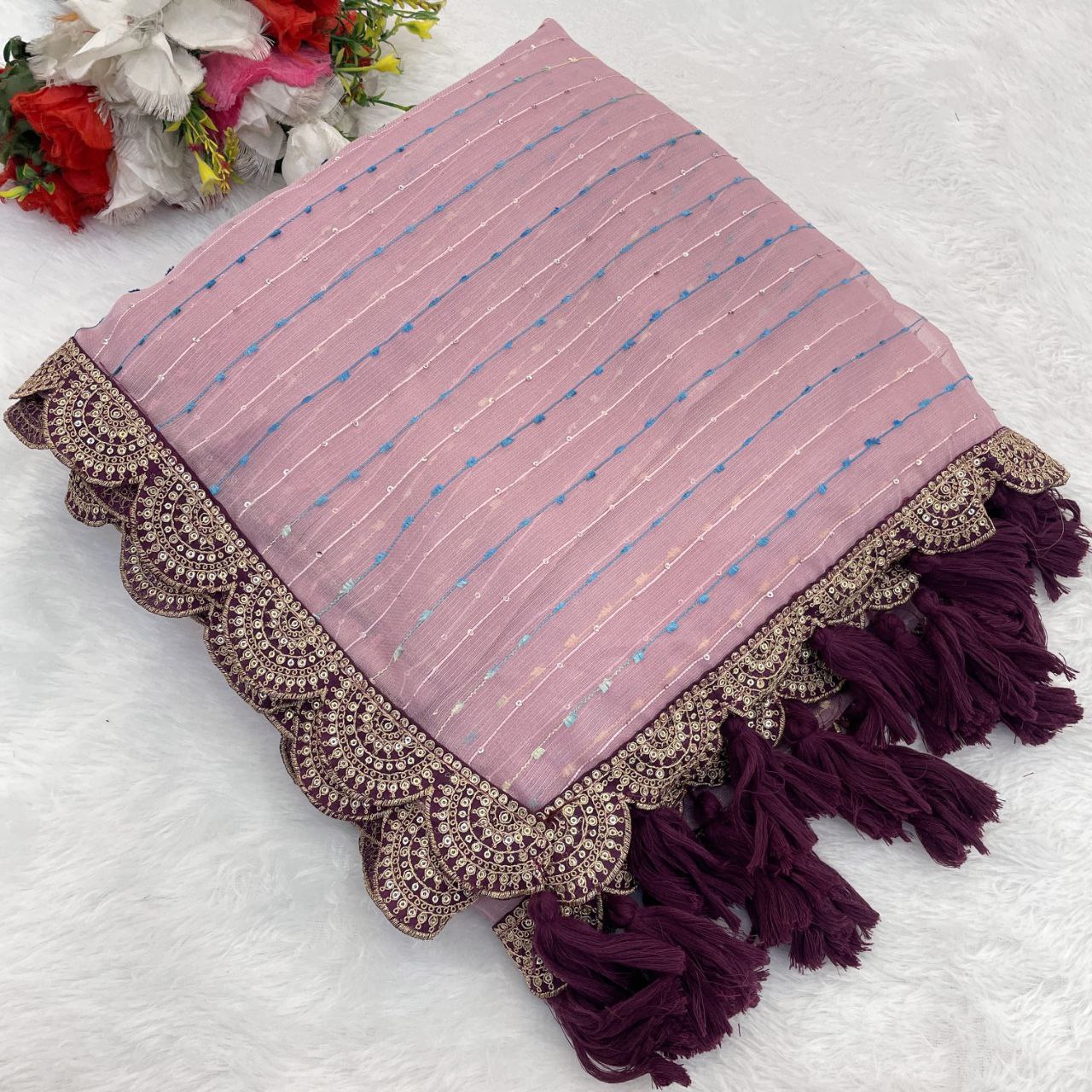 Designer Saree with Embellished Lace Border and Tassels