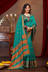 Elegant Emerald Banarasi Silk Saree with Ornate Copper Zari Work