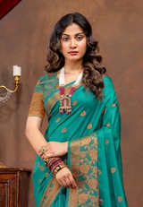Elegant Emerald Banarasi Silk Saree with Ornate Copper Zari Work