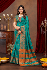 Elegant Emerald Banarasi Silk Saree with Ornate Copper Zari Work