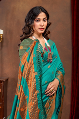 Elegant Emerald Banarasi Silk Saree with Ornate Copper Zari Work