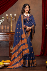 Elegant Emerald Banarasi Silk Saree with Ornate Copper Zari Work