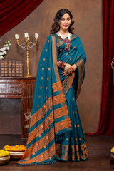 Elegant Emerald Banarasi Silk Saree with Ornate Copper Zari Work