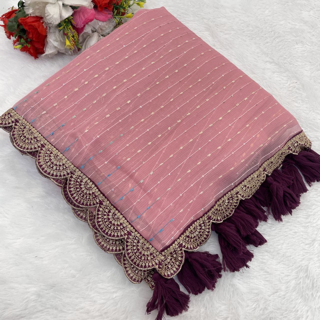 Designer Saree with Embellished Lace Border and Tassels