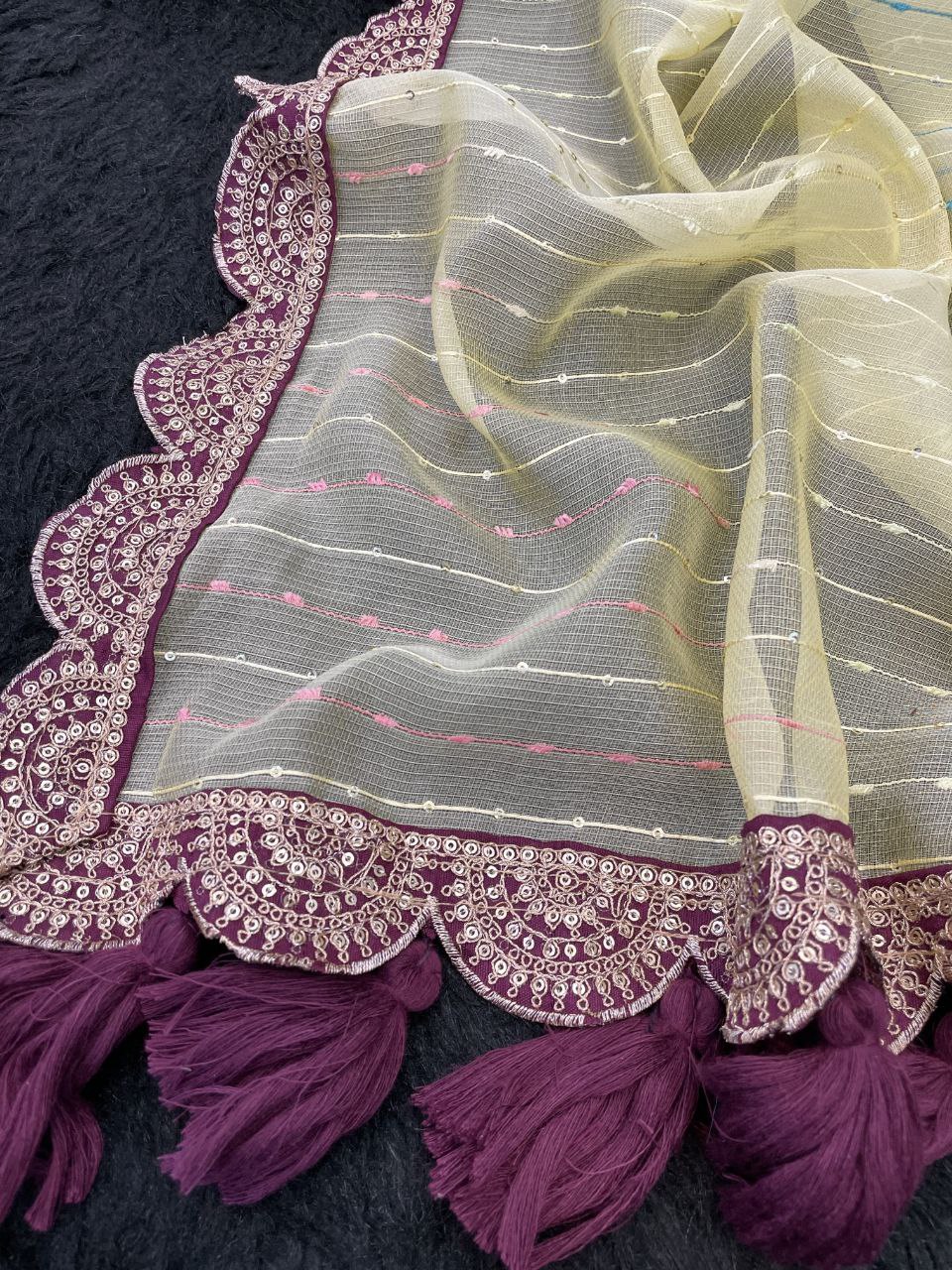 Designer Saree with Embellished Lace Border and Tassels