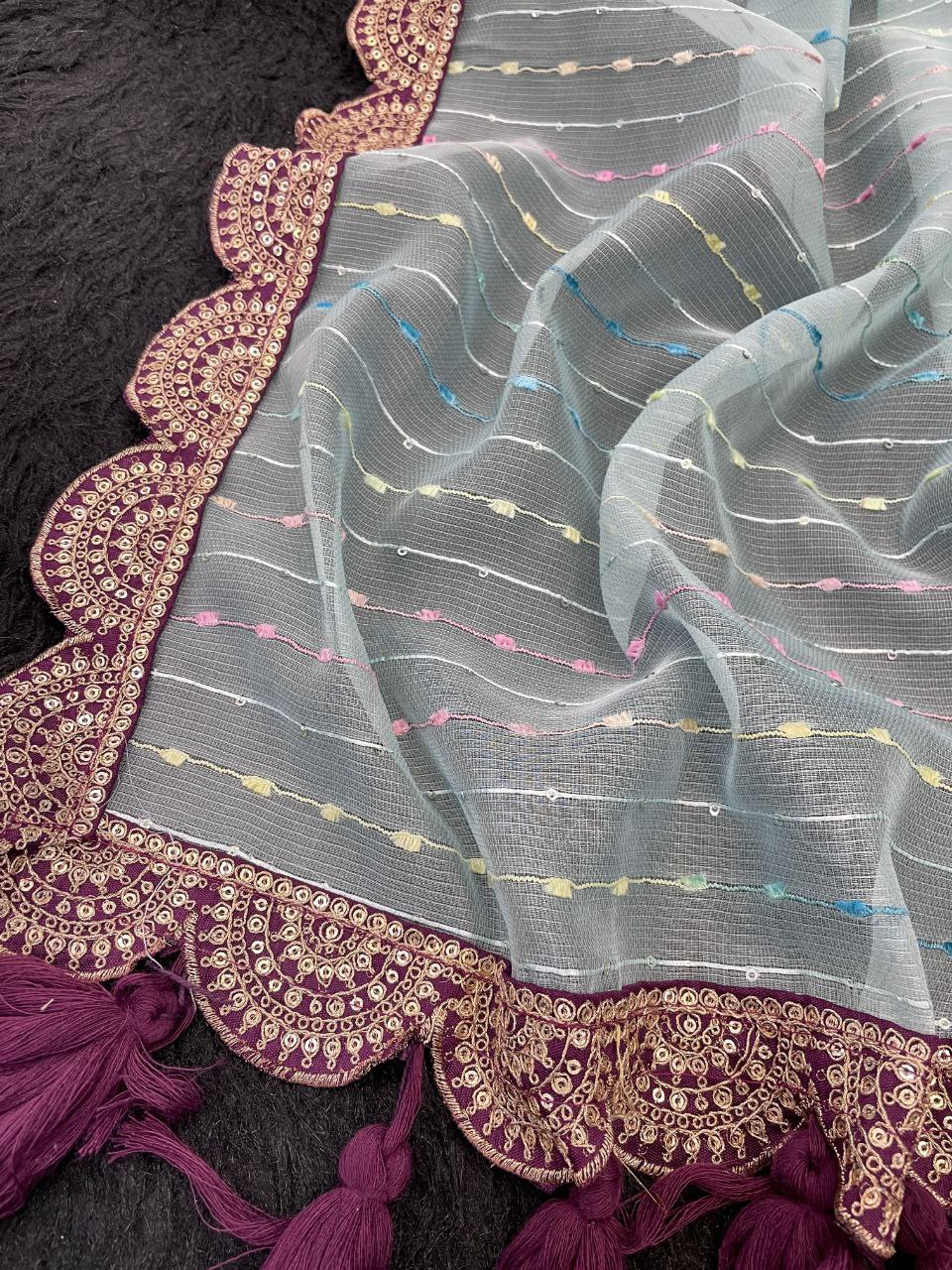 Designer Saree with Embellished Lace Border and Tassels