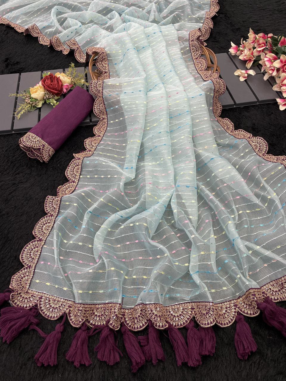 Designer Saree with Embellished Lace Border and Tassels