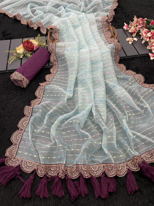 Designer Saree with Embellished Lace Border and Tassels