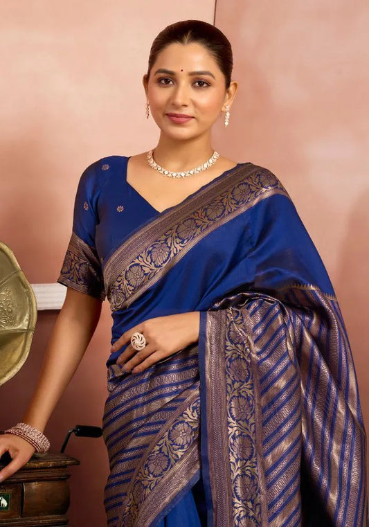 Elegant Royal Blue Banarasi Silk Saree with Golden Zari Border – Traditional Indian Ethnic Wear for Women