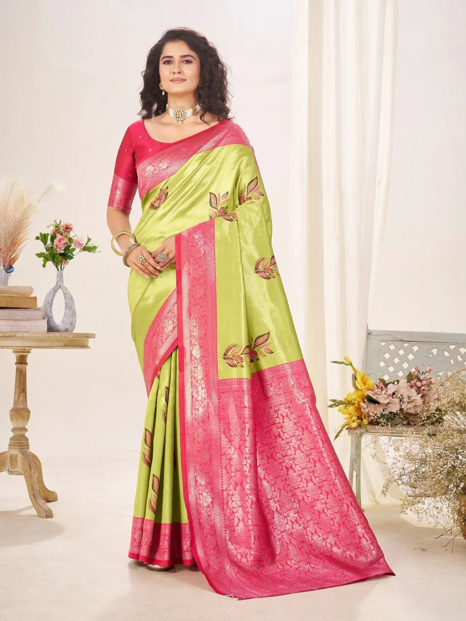 Elegant Silk Saree with Floral Embroidery and Contrast Zari Pallu – Perfect for Weddings & Celebrations