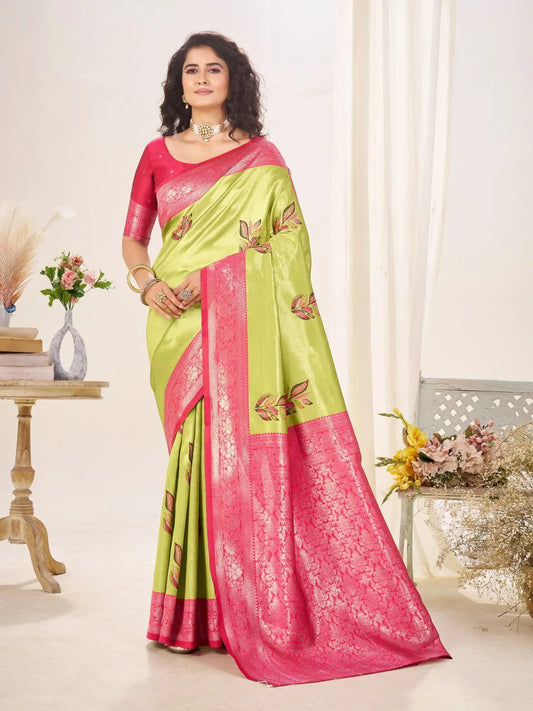 Elegant Silk Saree with Floral Embroidery and Contrast Zari Pallu – Perfect for Weddings & Celebrations