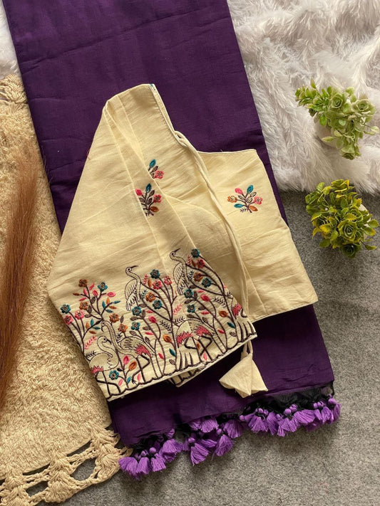 Elegant Cotton Saree Set with Ready Blouse With Bird and Floral Embroidery