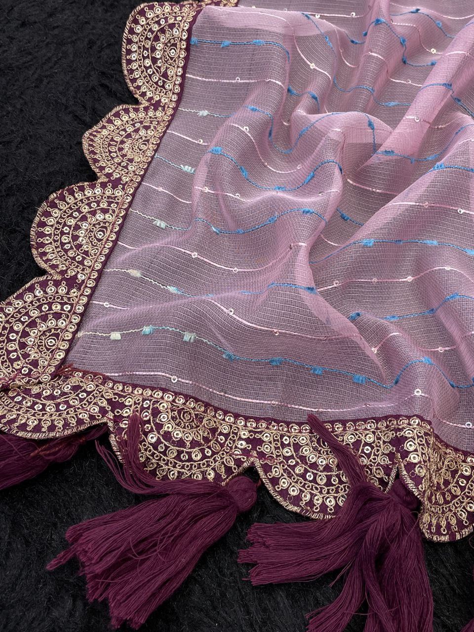 Designer Saree with Embellished Lace Border and Tassels
