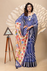 Elegant Royal Blue Diagonal Striped Art Silk Saree with Floral Pallu