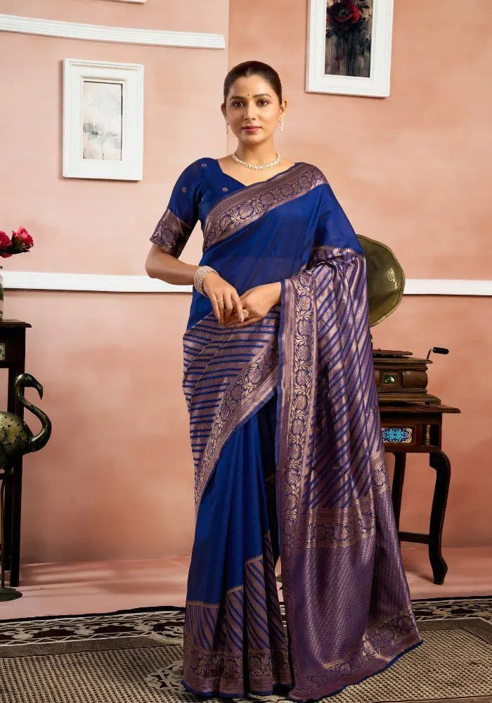 Elegant Royal Blue Banarasi Silk Saree with Golden Zari Border – Traditional Indian Ethnic Wear for Women