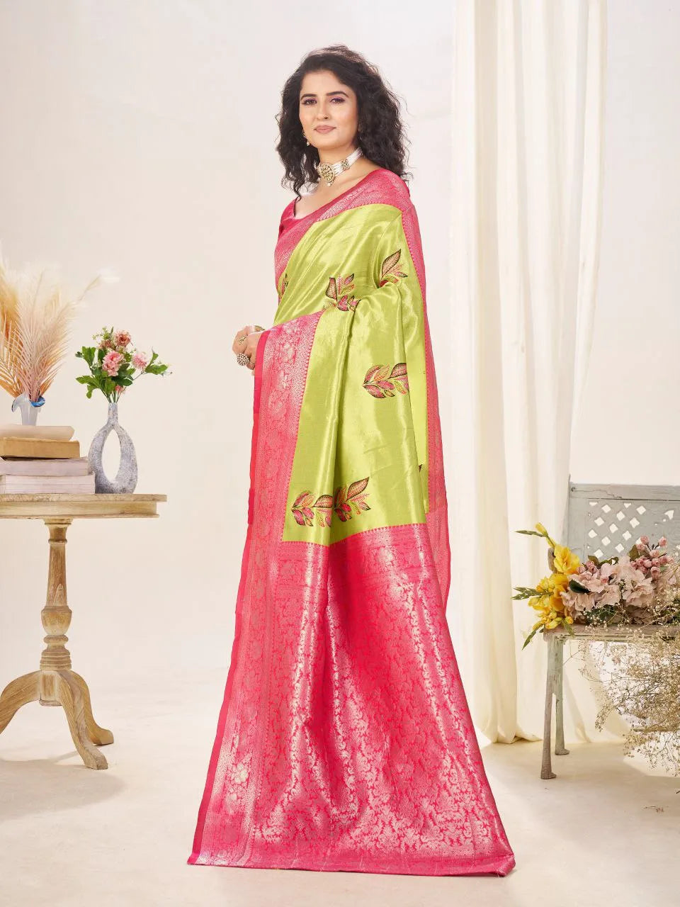 Elegant Silk Saree with Floral Embroidery and Contrast Zari Pallu – Perfect for Weddings & Celebrations