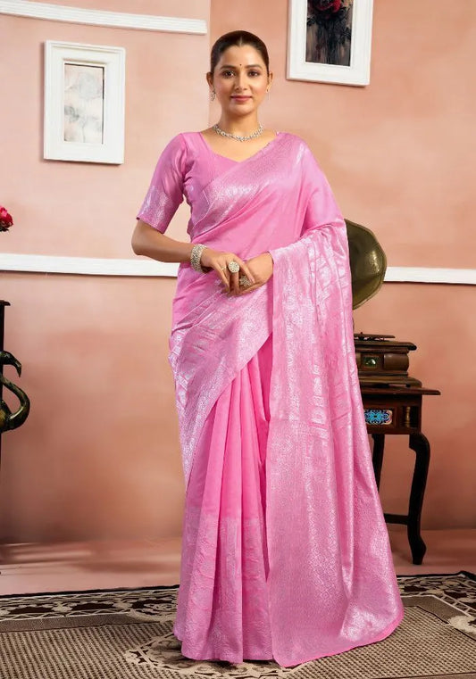 Elegant Pink Silk Saree with Subtle Self-Design – Perfect for Festive & Traditional Wear