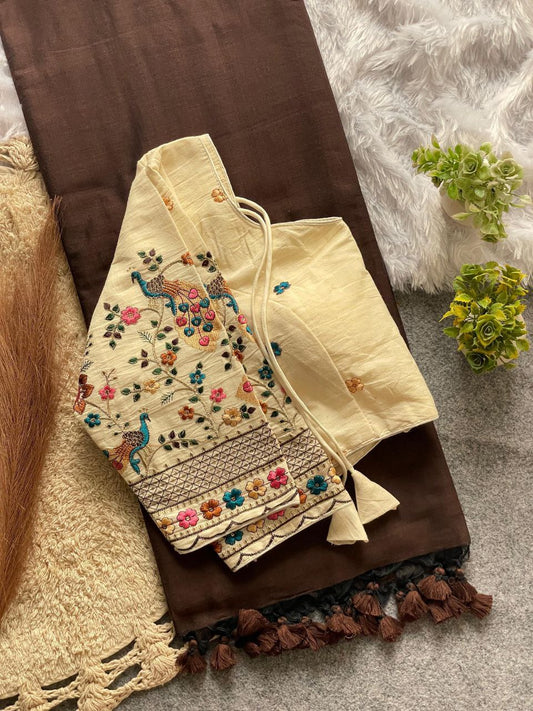 Elegant Cotton Saree Set with Ready Blouse With Bird and Floral Embroidery