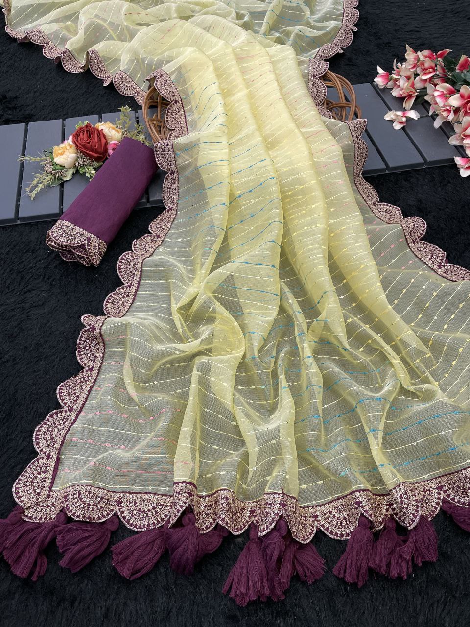 Designer Saree with Embellished Lace Border and Tassels