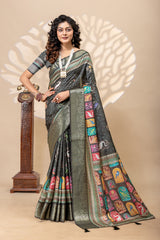 Mystique Charcoal Grey Heritage Bird Print Art Silk Saree with Zari Border