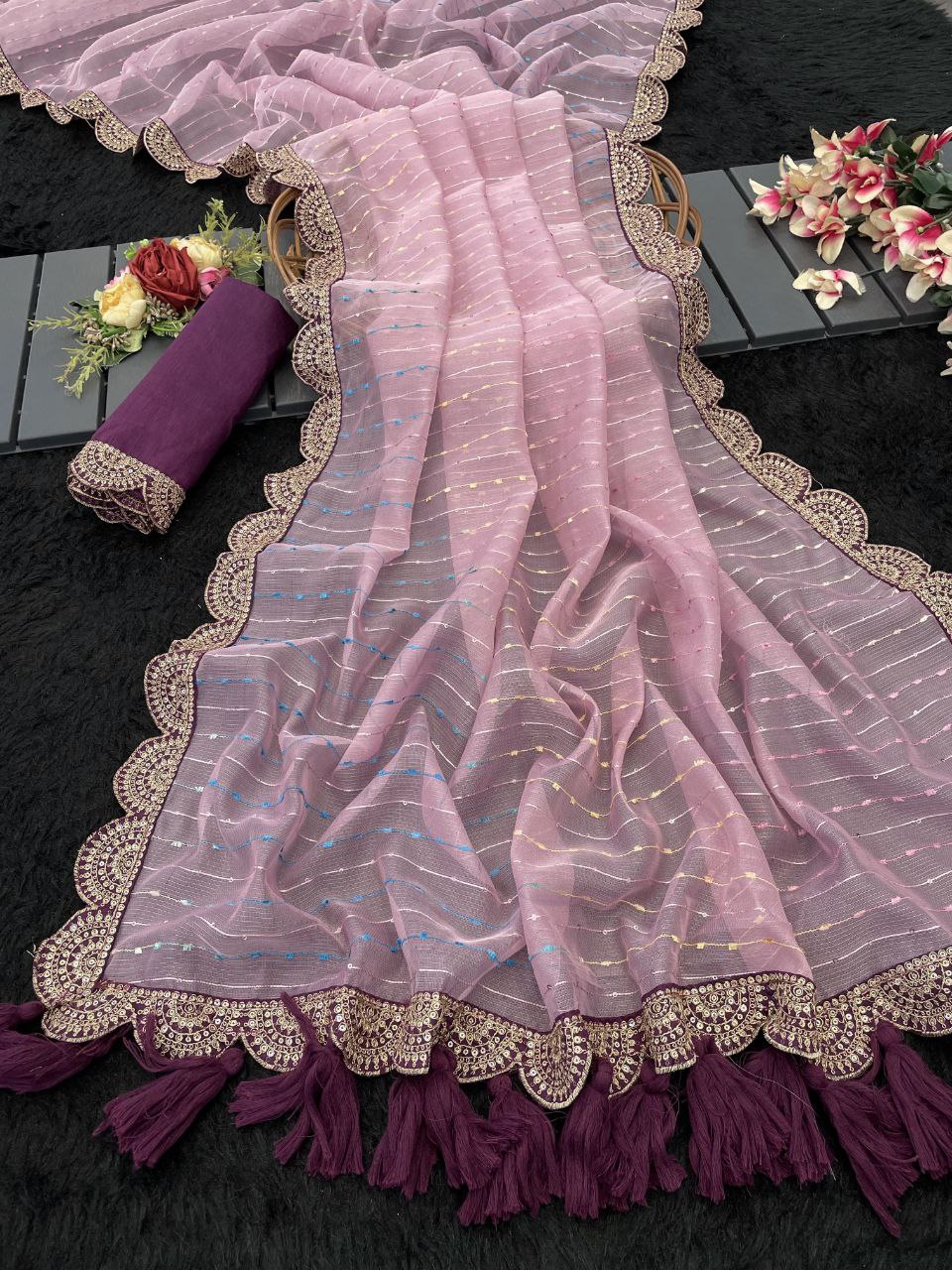 Designer Saree with Embellished Lace Border and Tassels