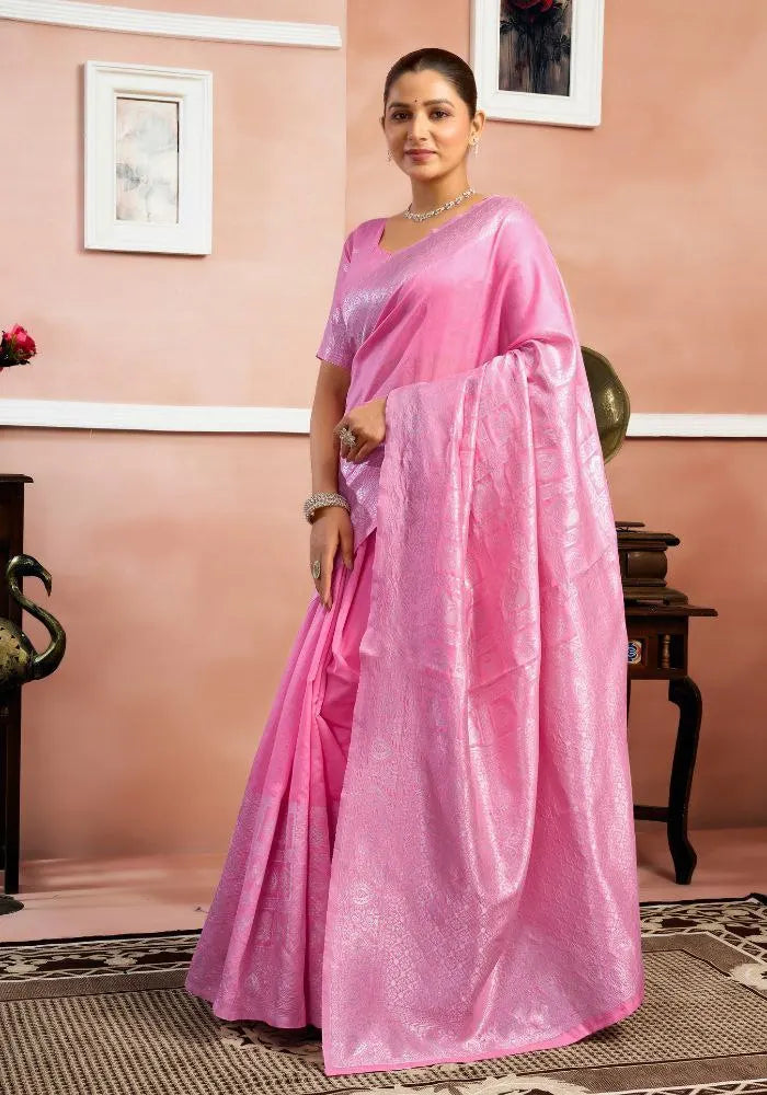 Elegant Pink Silk Saree with Subtle Self-Design – Perfect for Festive & Traditional Wear