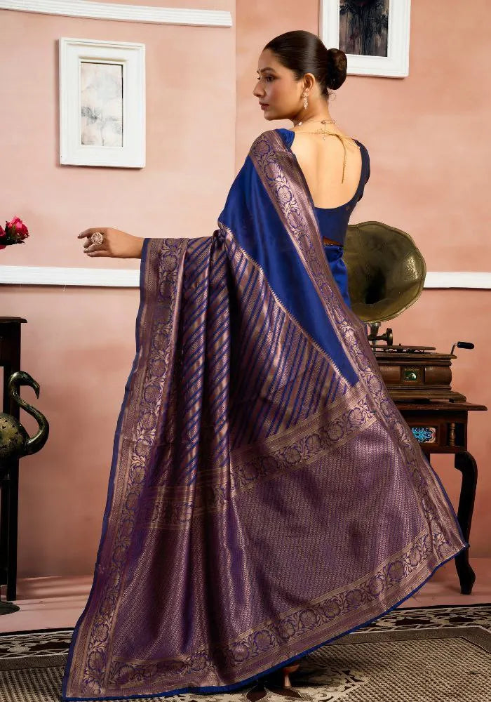 Elegant Royal Blue Banarasi Silk Saree with Golden Zari Border – Traditional Indian Ethnic Wear for Women