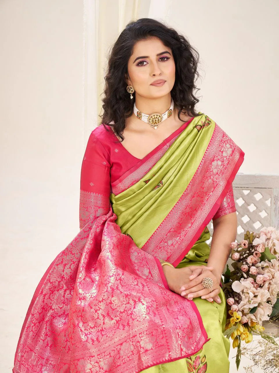 Elegant Silk Saree with Floral Embroidery and Contrast Zari Pallu – Perfect for Weddings & Celebrations