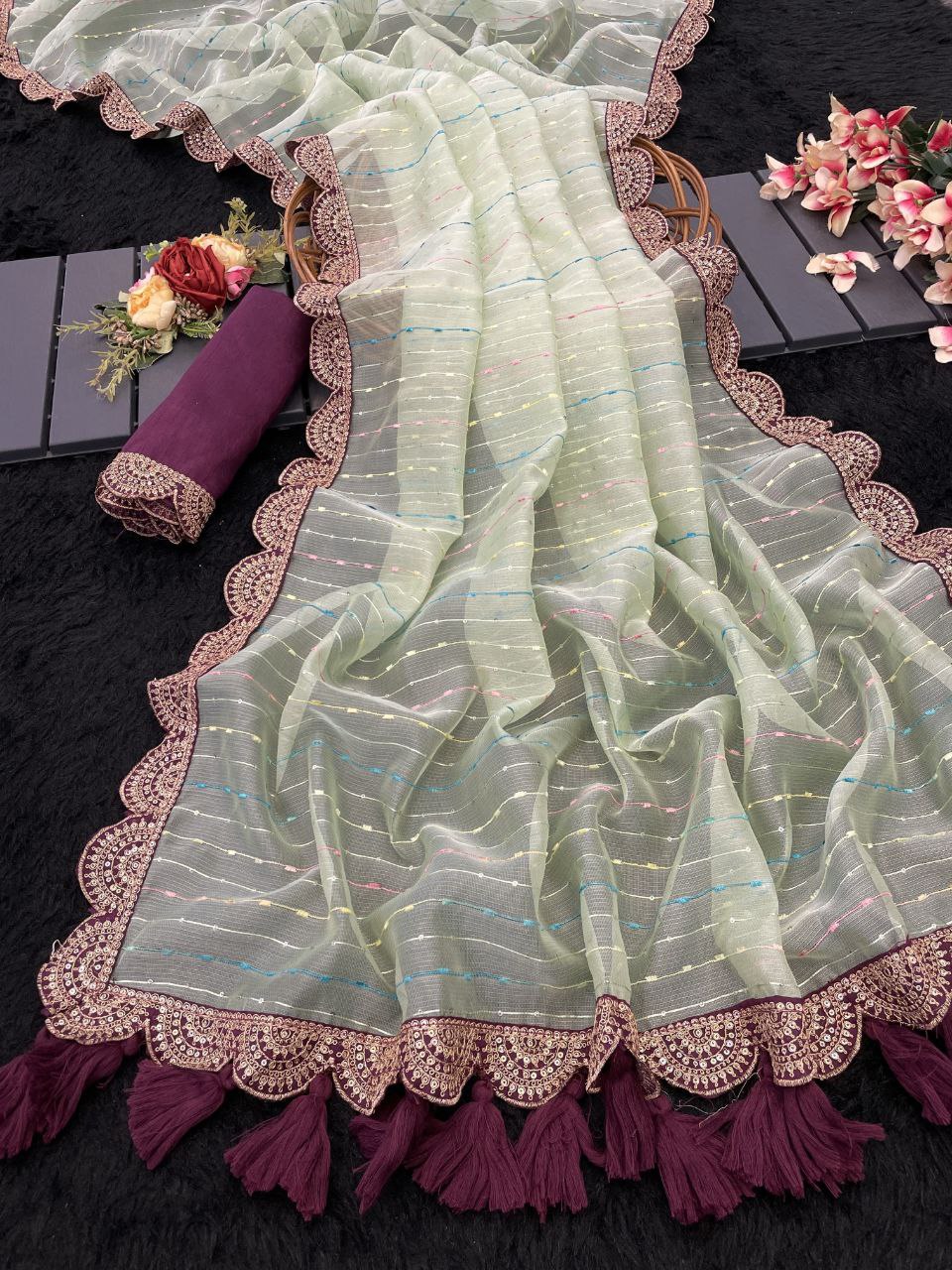 Designer Saree with Embellished Lace Border and Tassels