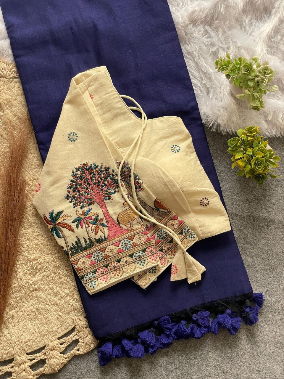 Elegant Cotton Saree Set with Ready Blouse With Bird and Floral Embroidery