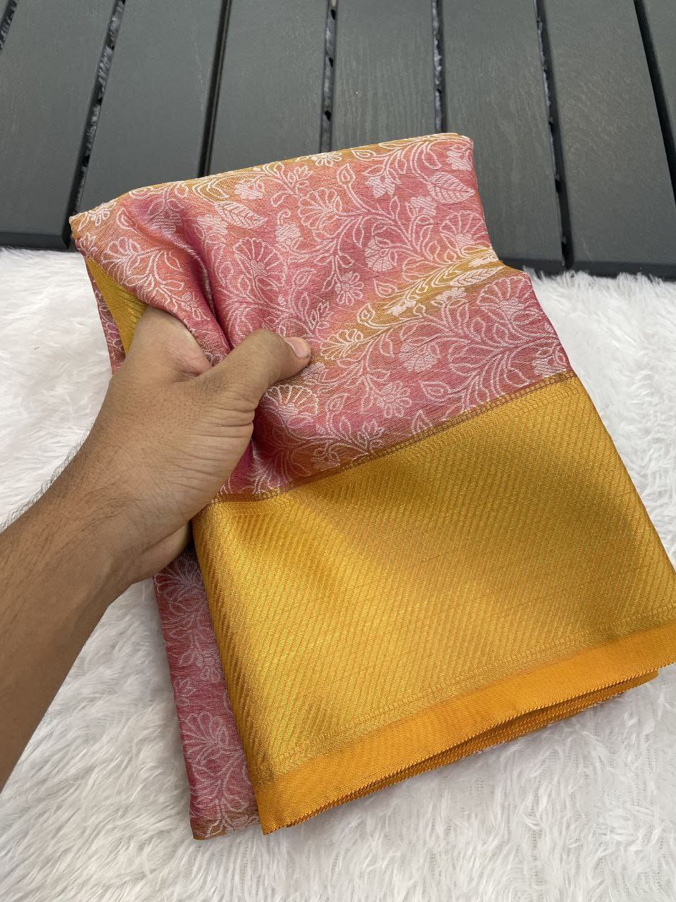 Elegant Floral Weave Saree with Rich Zari Border
