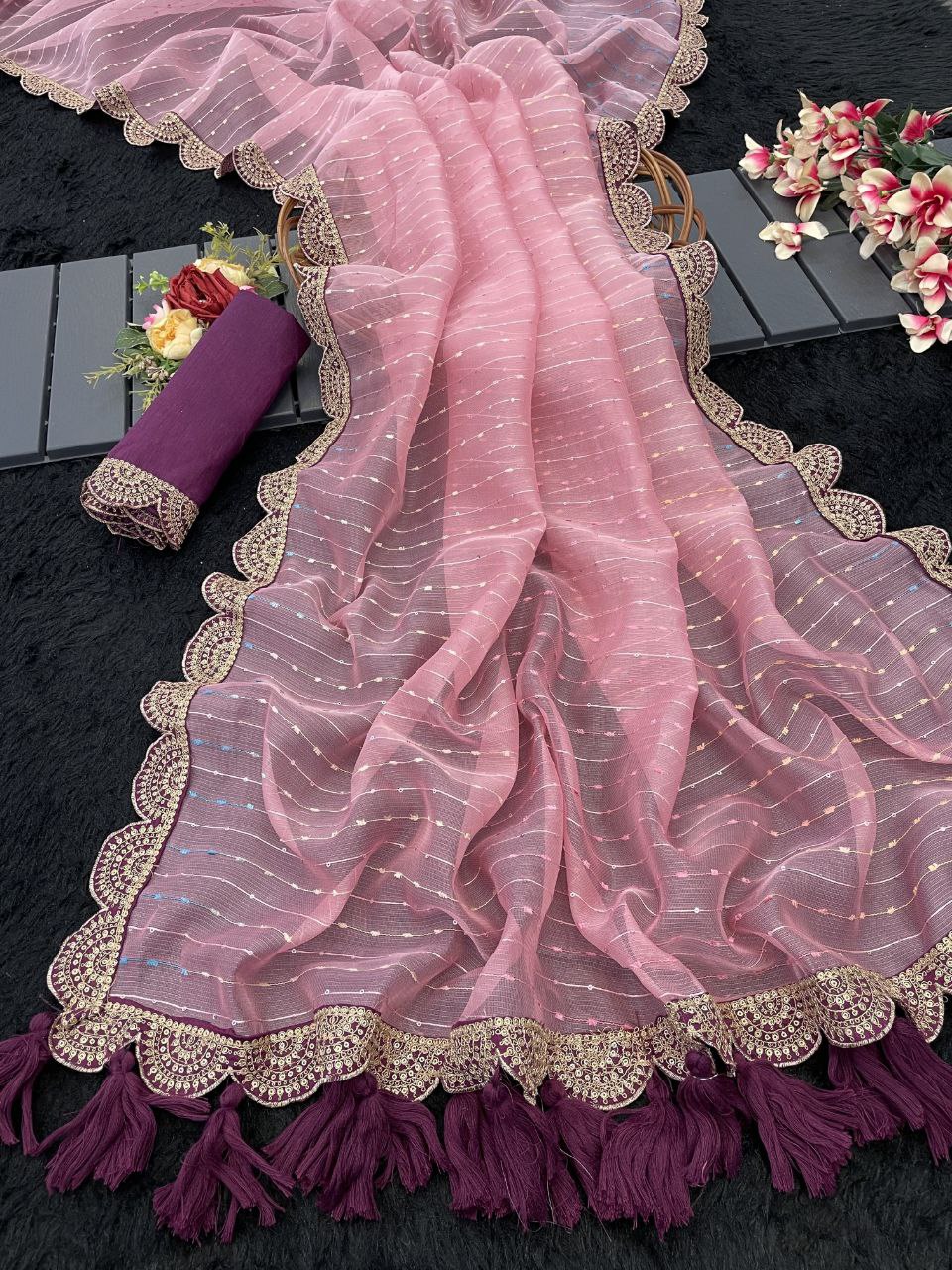 Designer Saree with Embellished Lace Border and Tassels