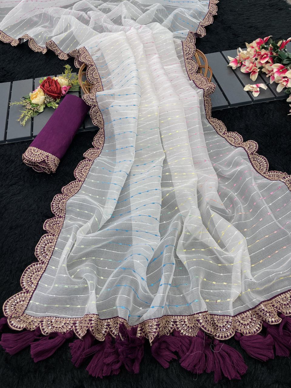 Designer Saree with Embellished Lace Border and Tassels