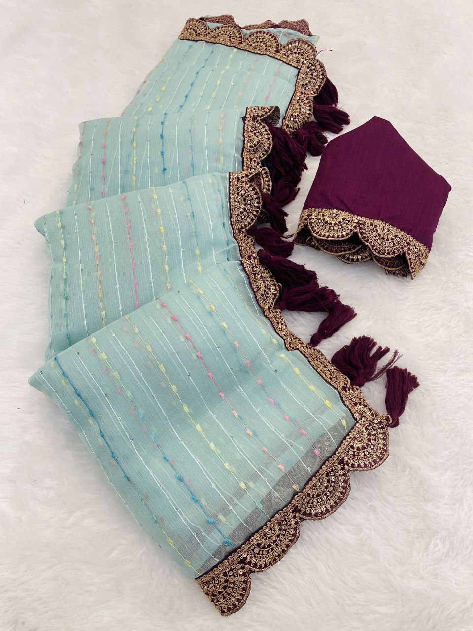 Designer Saree with Embellished Lace Border and Tassels