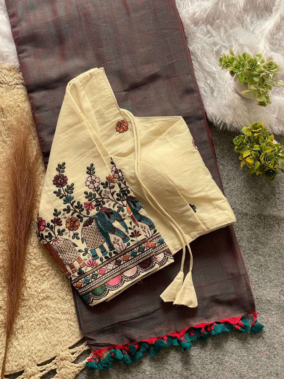 Elegant Cotton Saree Set with Ready Blouse With Bird and Floral Embroidery