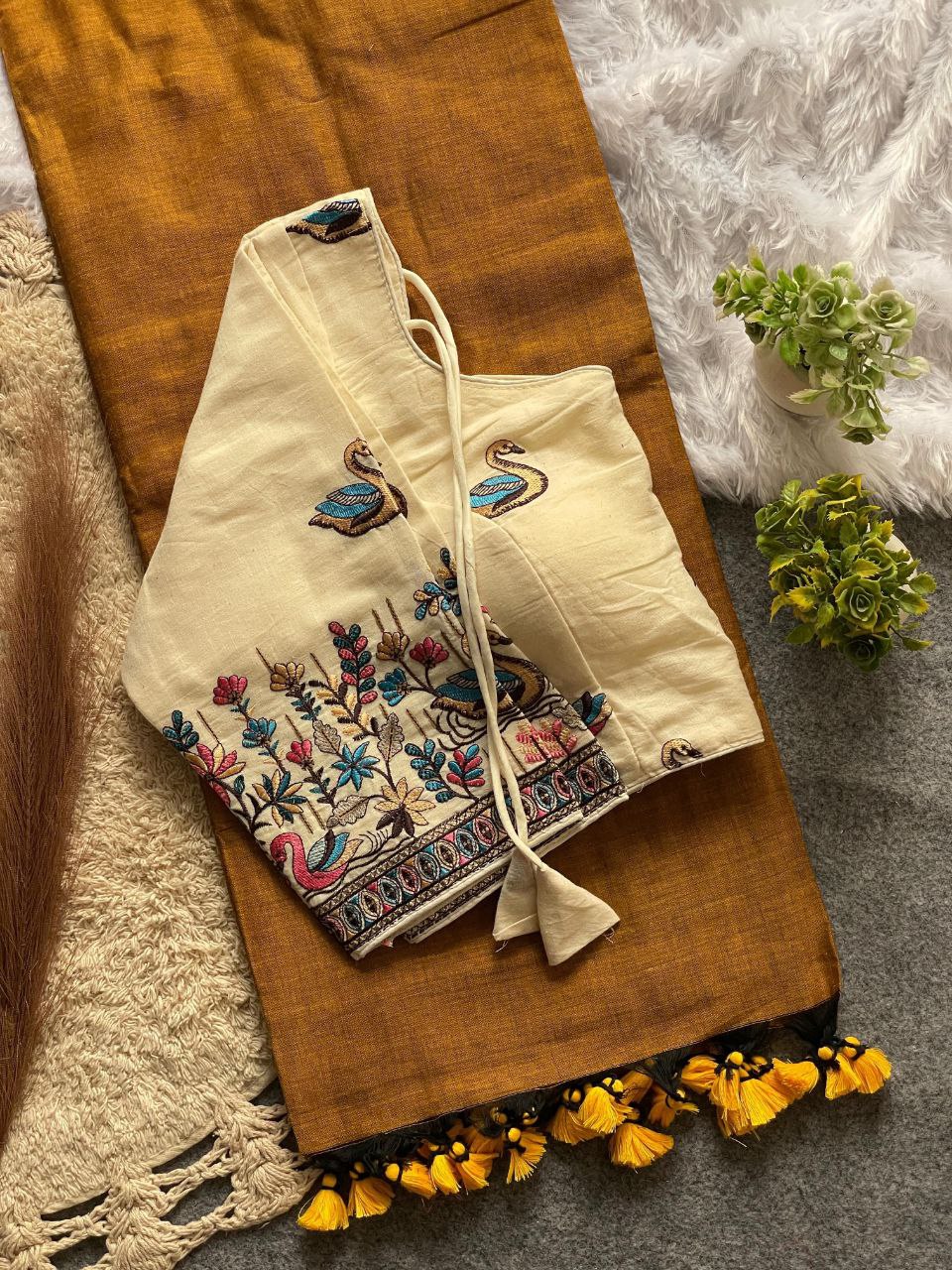 Elegant Cotton Saree Set with Ready Blouse With Bird and Floral Embroidery
