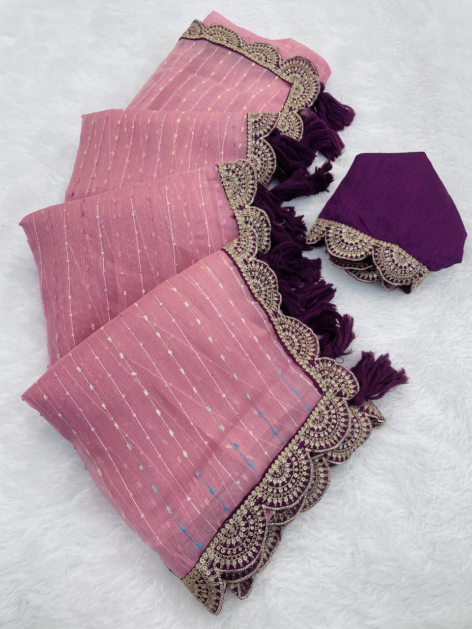 Designer Saree with Embellished Lace Border and Tassels