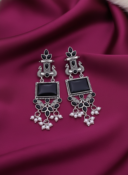 Elegant Oxidized Silver Black Stone & Pearl Dangle Earrings