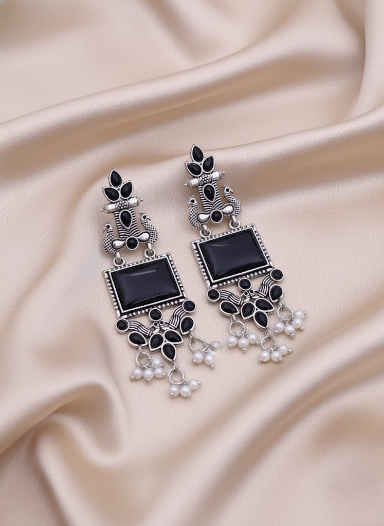 Elegant Oxidized Silver Black Stone & Pearl Dangle Earrings