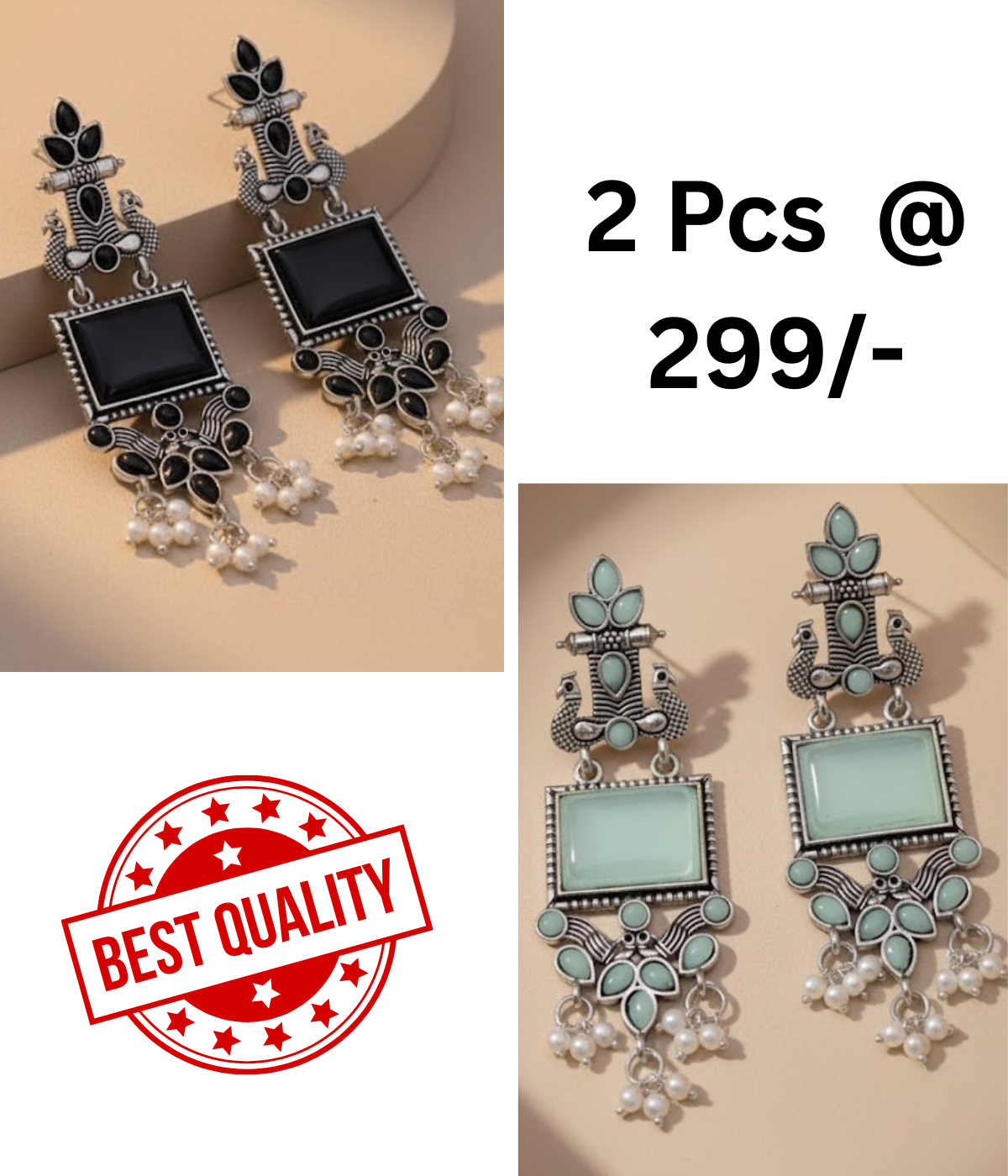 Oxidized Peacock Earrings with Black & Mint Stones | Shop Now