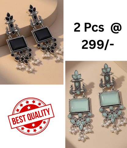 Oxidized Peacock Earrings with Black & Mint Stones | Shop Now