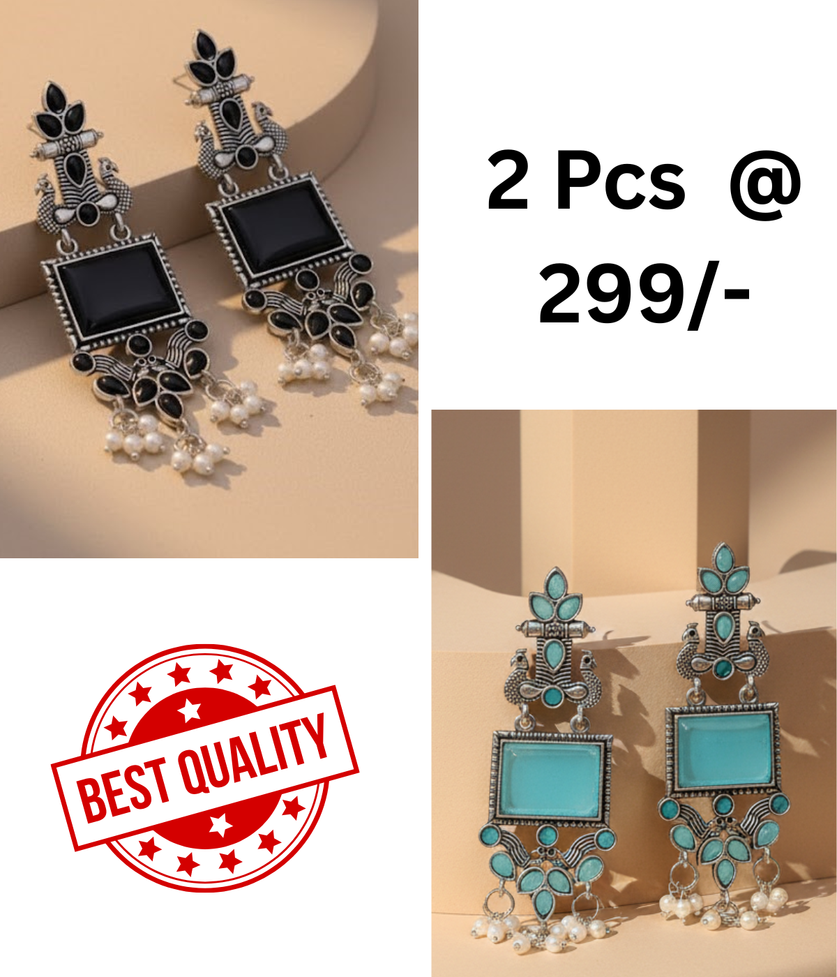 Oxidized Peacock Earrings with Black & Mint Stones | Shop Now