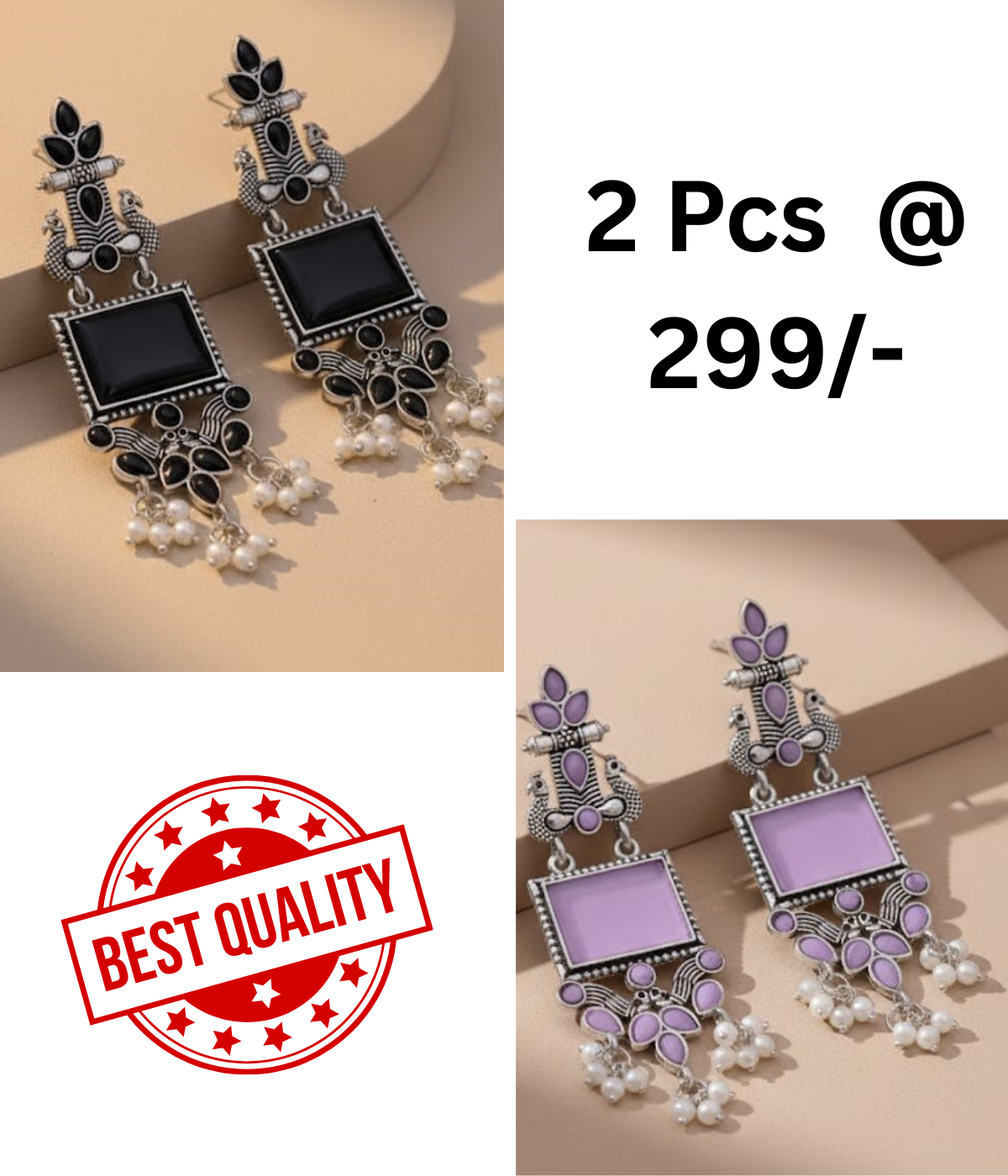 Oxidized Peacock Earrings with Black & Mint Stones | Shop Now