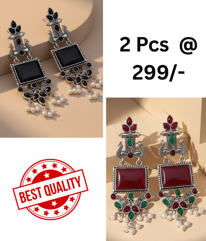 Oxidized Peacock Earrings with Black & Mint Stones | Shop Now