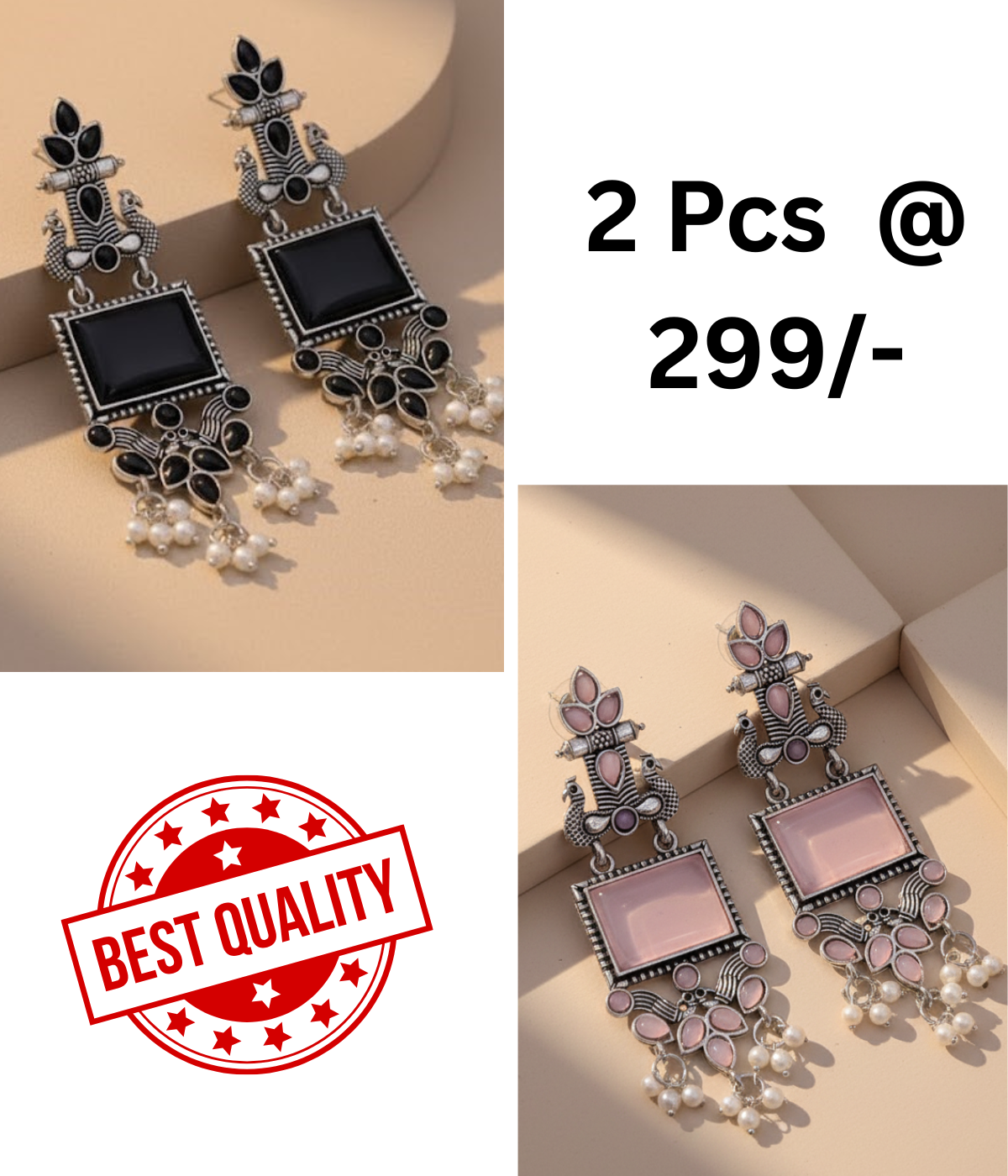 Oxidized Peacock Earrings with Black & Mint Stones | Shop Now