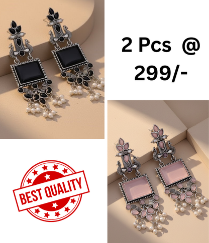 Oxidized Peacock Earrings with Black & Mint Stones | Shop Now